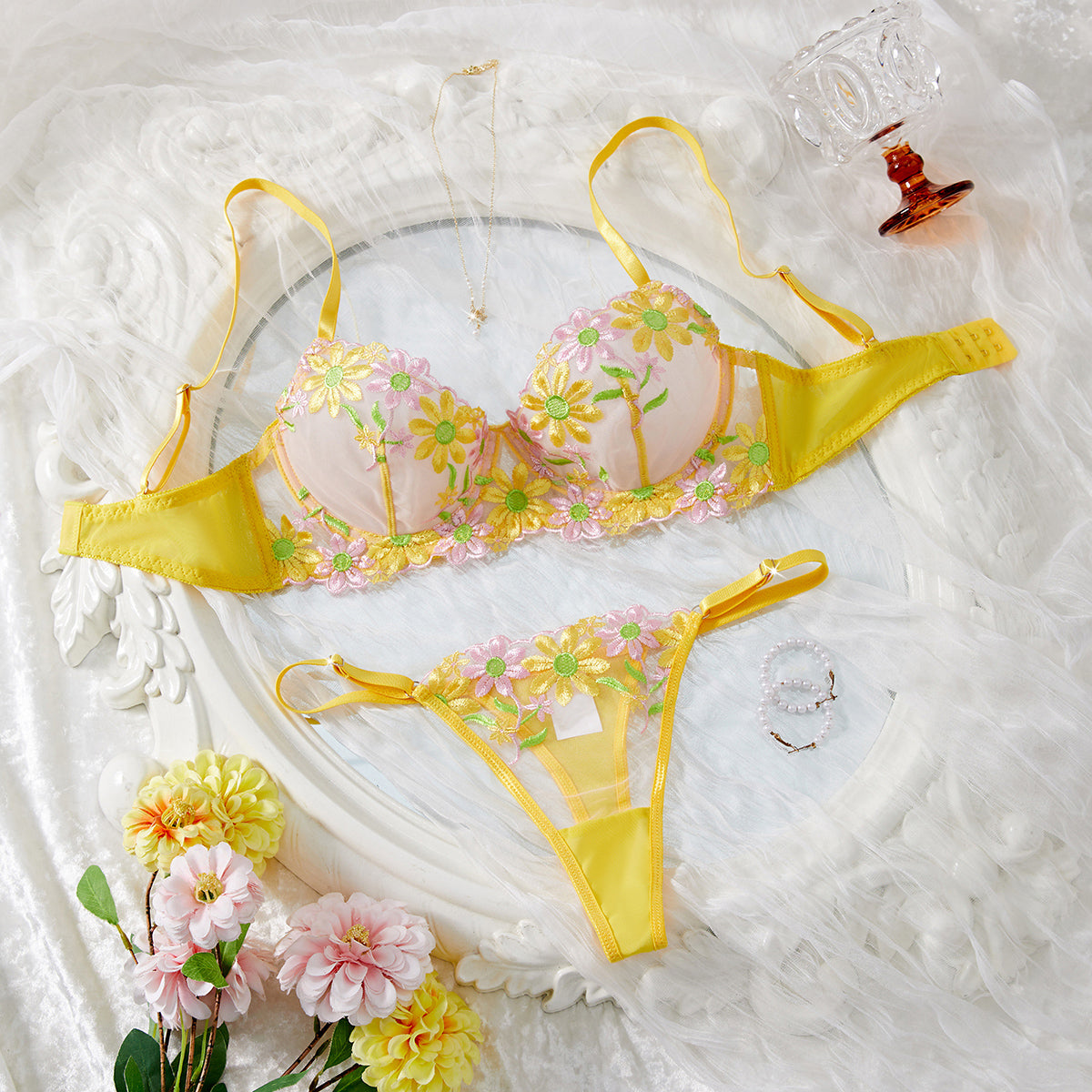 Yellow Floral Lingerie Set